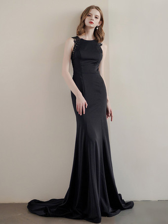 黒のウェディングドレスマーメイドノースリーブレースストレッチクレープトレインブライダルドレス