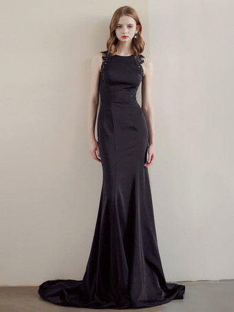 黒のウェディングドレスマーメイドノースリーブレースストレッチクレープトレインブライダルドレス