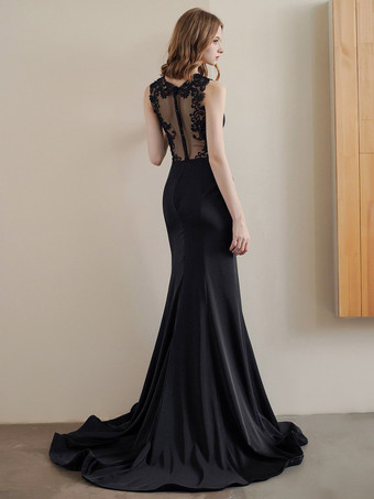 黒のウェディングドレスマーメイドノースリーブレースストレッチクレープトレインブライダルドレス