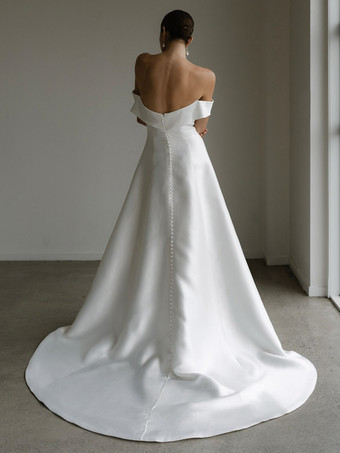 ヴィンテージウェディングドレスストラップレスノースリーブナチュラルウエストサテン生地トレーンブライダルドレス