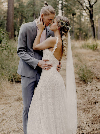 ボヘミアン ウェディングドレス レース レース マーメイド スイープ ナチュラル ウエスト バックレス ノースリーブ ジュエルネック アイボリー