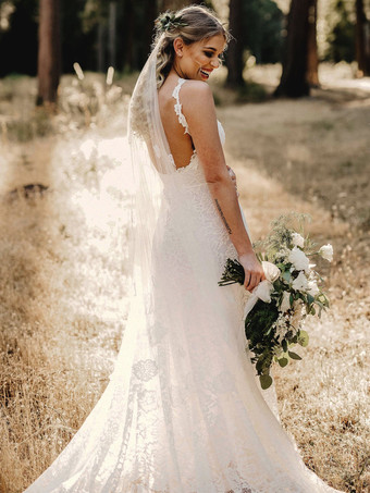 ボヘミアン ウェディングドレス レース レース マーメイド スイープ ナチュラル ウエスト バックレス ノースリーブ ジュエルネック アイボリー