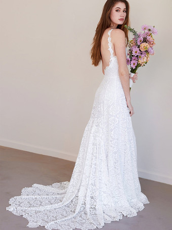 ボヘミアン ウェディングドレス レース レース マーメイド スイープ ナチュラル ウエスト バックレス ノースリーブ ジュエルネック アイボリー