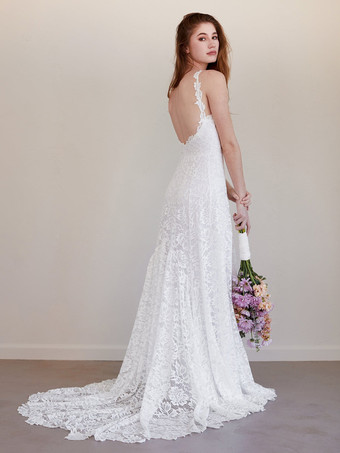 ボヘミアン ウェディングドレス レース レース マーメイド スイープ ナチュラル ウエスト バックレス ノースリーブ ジュエルネック アイボリー