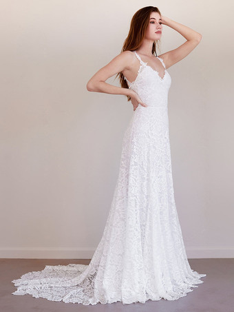 ホワイトボヘミアン ウェディングドレス レース レース マーメイド スイープ ナチュラル ウエスト バックレス ノースリーブ ジュエルネック アイボリー