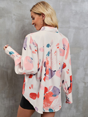 ゆったりブラウス プリント ボタンアップ 長袖 カジュアル レディース トップス