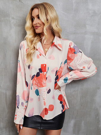 ゆったりブラウス プリント ボタンアップ 長袖 カジュアル レディース トップス