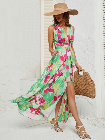 グリーン マキシドレス 全面花柄 Vネック ベルト付き ノースリーブ アシンメトリー ロングドレス