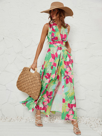 マキシドレス 全面花柄 Vネック ベルト付き ノースリーブ アシンメトリー ロングドレス