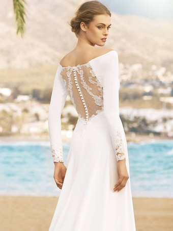 シンプルなウェディングドレス Aライン バトーネック ロングスリーブ レース ブライダルドレス