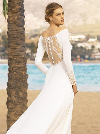 シンプルなウェディングドレス Aライン バトーネック ロングスリーブ レース ブライダルドレス