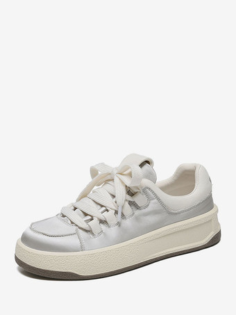 シルバー 女性カジュアルシューズ用シルバーシルクとサテンラウンドトゥ1.2インチスニーカー