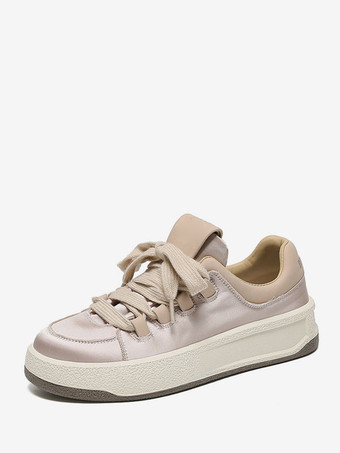 サーモンピンク女性カジュアルシューズ用シルバーシルクとサテンラウンドトゥ1.2インチスニーカー