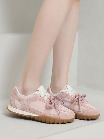 女性用ピンクマイクロスエードアッパーラウンドトゥスニーカー1.2インチカジュアルシューズ