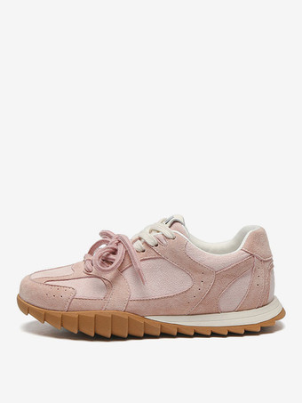 女性用ピンクマイクロスエードアッパーラウンドトゥスニーカー1.2インチカジュアルシューズ