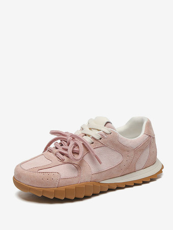 ピンク女性用ピンクマイクロスエードアッパーラウンドトゥスニーカー1.2インチカジュアルシューズ