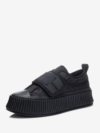 ブラック ブラック ポリエステル ラウンド トゥ レディース スニーカー 1.8 インチ カジュアル シューズ