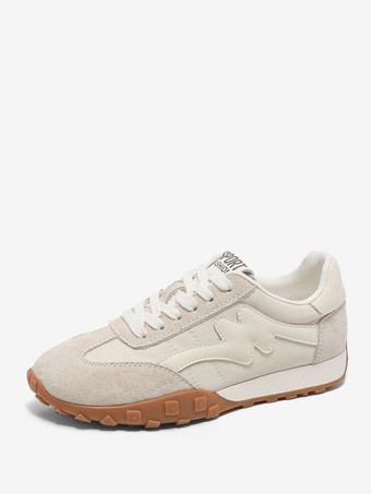 アイボリー ピンク マイクロ スエード アッパー ラウンド トゥ レディース スニーカー カラー ブロック 1" カジュアル シューズ