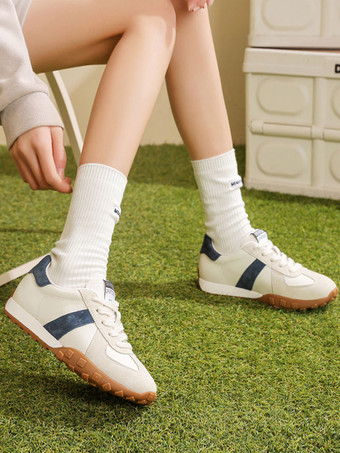 ブルー マイクロ スエード アッパー ラウンド トゥ カラー ブロック レディース スニーカー 1" カジュアル シューズ