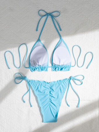 三角ビキニ ホルター フリル トップとサイドタイ ボトム ビーチ水着