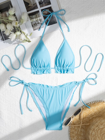 三角ビキニ ホルター フリル トップとサイドタイ ボトム ビーチ水着