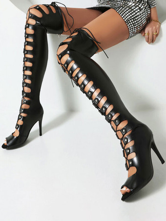 セクシーなオーバーザニーブーツブラックカットアウトレースアップハイヒールサンダルブーツ