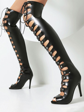 セクシーなオーバーザニーブーツブラックカットアウトレースアップハイヒールサンダルブーツ