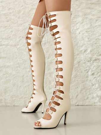 ライトピンクセクシーなオーバーザニーブーツブラックカットアウトレースアップハイヒールサンダルブーツ