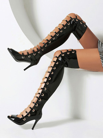 オーバーニーサンダルブーツレッドチェーンディテールスティレットヒールセクシーブーツ