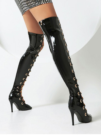 オーバーニーサンダルブーツレッドチェーンディテールスティレットヒールセクシーブーツ