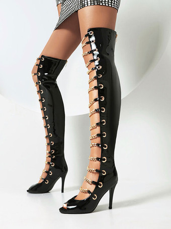 ブラック オーバーニーサンダルブーツレッドチェーンディテールスティレットヒールセクシーブーツ