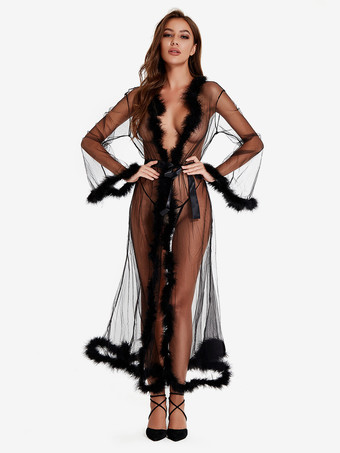 ロングナイトガウン ブラック フェイクファー ポリエステル セクシー ランジェリー