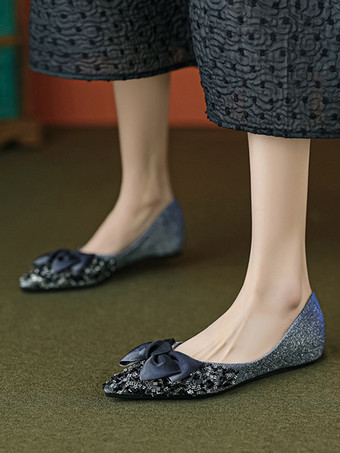 レディース リボン ポインテッドトゥ スパンコール クロス バレエ フラット シューズ