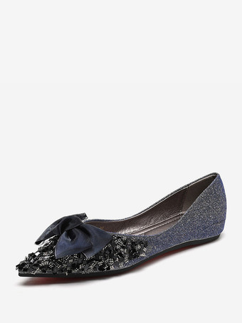 ブルー レディース リボン ポインテッドトゥ スパンコール クロス バレエ フラット シューズ