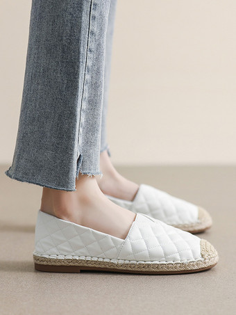 レディース ウーブン キルティング ラウンドトゥ PU レザー バレエ フラット