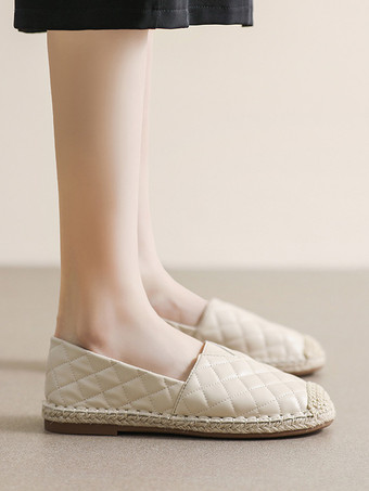 レディース ウーブン キルティング ラウンドトゥ PU レザー バレエ フラット