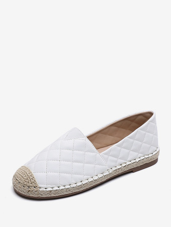 ホワイト レディース ウーブン キルティング ラウンドトゥ PU レザー バレエ フラット