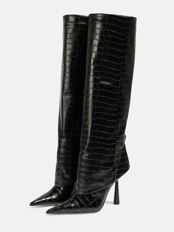 女性ミッドカーフブーツポインテッドトゥハイヒールフォールドオーバースティレットヒールワイドカーフブーツ