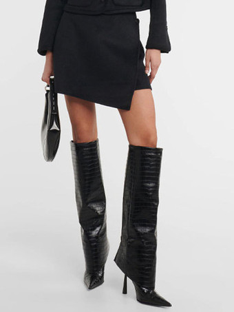 女性ミッドカーフブーツポインテッドトゥハイヒールフォールドオーバースティレットヒールワイドカーフブーツ