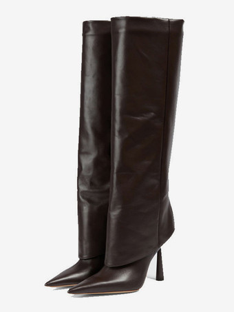 女性ミッドカーフブーツポインテッドトゥハイヒールフォールドオーバースティレットヒールワイドカーフブーツ