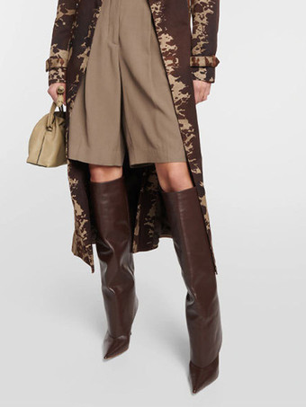 女性ミッドカーフブーツポインテッドトゥハイヒールフォールドオーバースティレットヒールワイドカーフブーツ