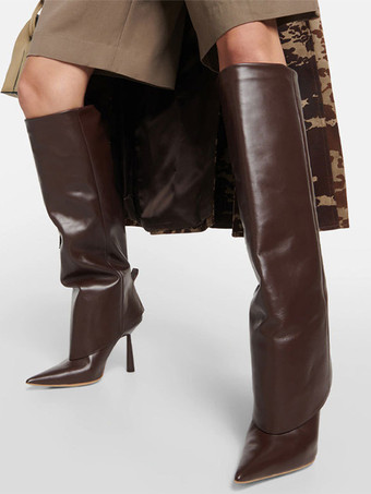 ラクダ色 女性ミッドカーフブーツポインテッドトゥハイヒールフォールドオーバースティレットヒールワイドカーフブーツ