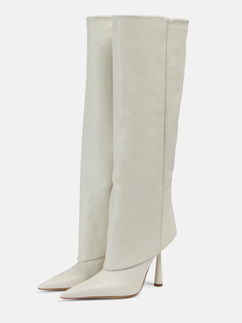 ホワイト 女性ミッドカーフブーツポインテッドトゥハイヒールフォールドオーバースティレットヒールワイドカーフブーツ