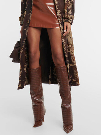 女性ミッドカーフブーツポインテッドトゥハイヒールフォールドオーバースティレットヒールワイドカーフブーツ