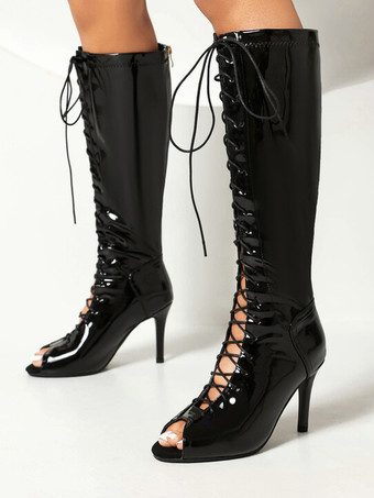 ブラック ハイヒール サンダル ブーツ ピープ トゥ レースアップ ニーハイ ブーツ