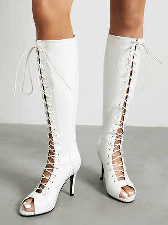 ブラック ハイヒール サンダル ブーツ ピープ トゥ レースアップ ニーハイ ブーツ