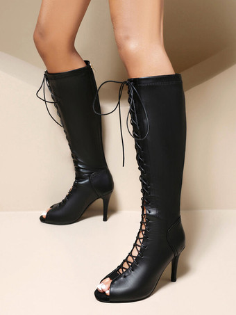 ブラック レディース レースアップ ニーハイ ブーツ ピープトゥ ハイヒール サンダル ブーツ