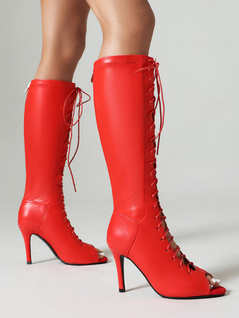 レディース レースアップ ニーハイ ブーツ ピープトゥ ハイヒール サンダル ブーツ