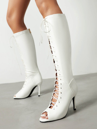 ホワイト レディース レースアップ ニーハイ ブーツ ピープトゥ ハイヒール サンダル ブーツ