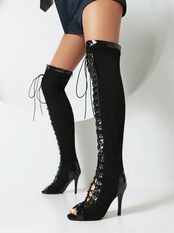 Bottes sandales noires au dessus du genou bout ouvert lacets cuissardes decoupees a talons hauts Milanoo